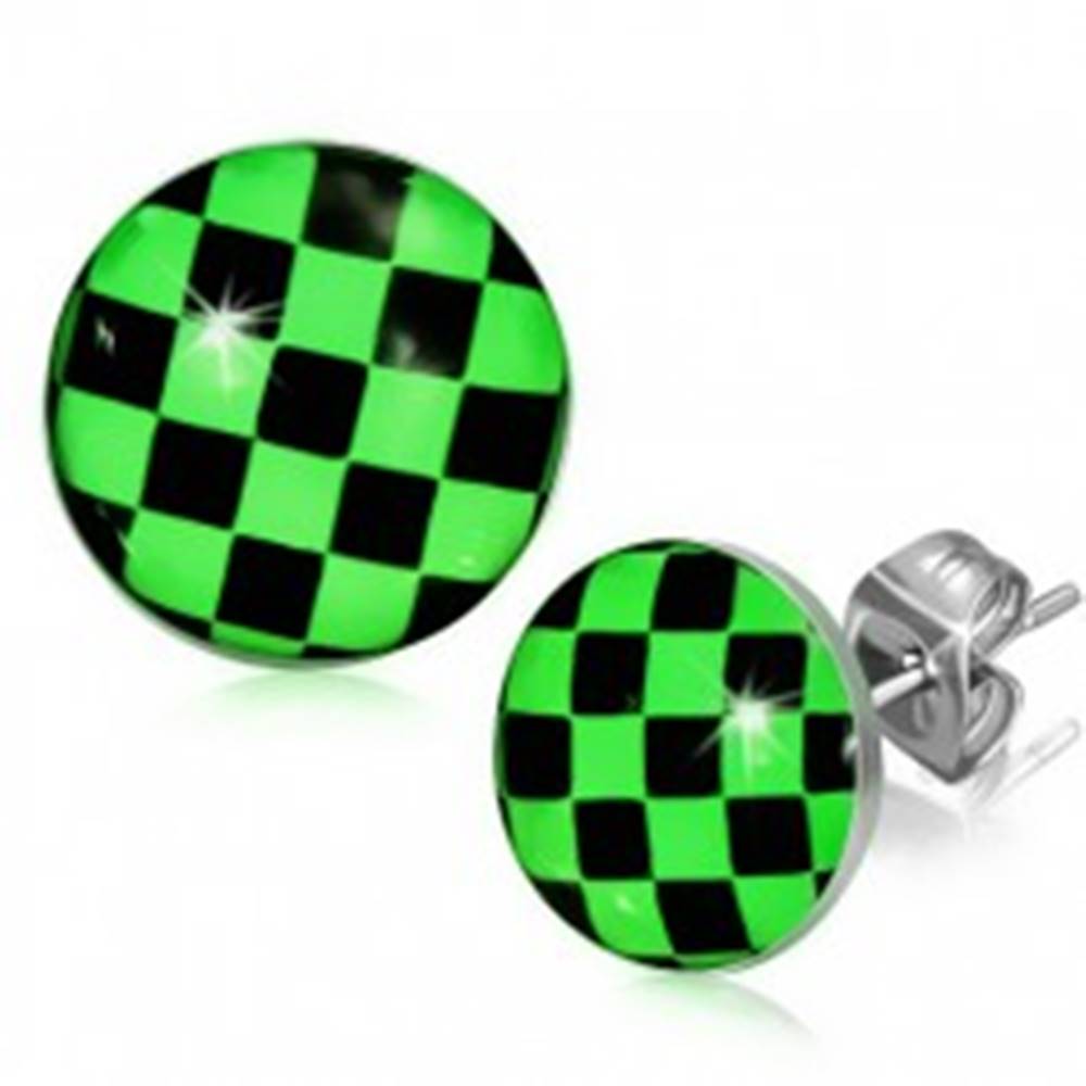 Šperky eshop Náušnice z ocele, zeleno-čierna šachovnica