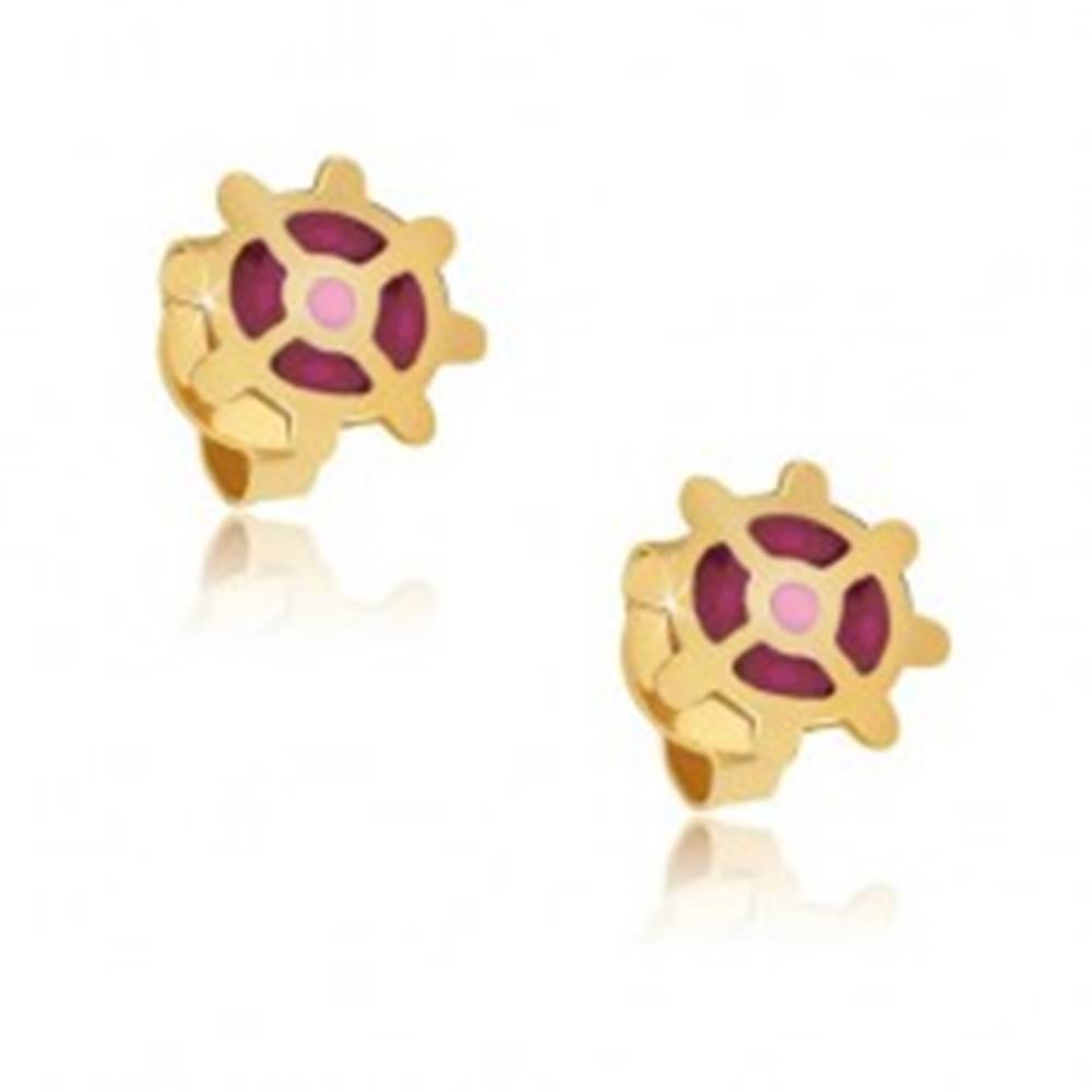 Šperky eshop Zlaté puzetové náušnice 375 - ružové koliesko s lesklými výčnelkami, glazúra