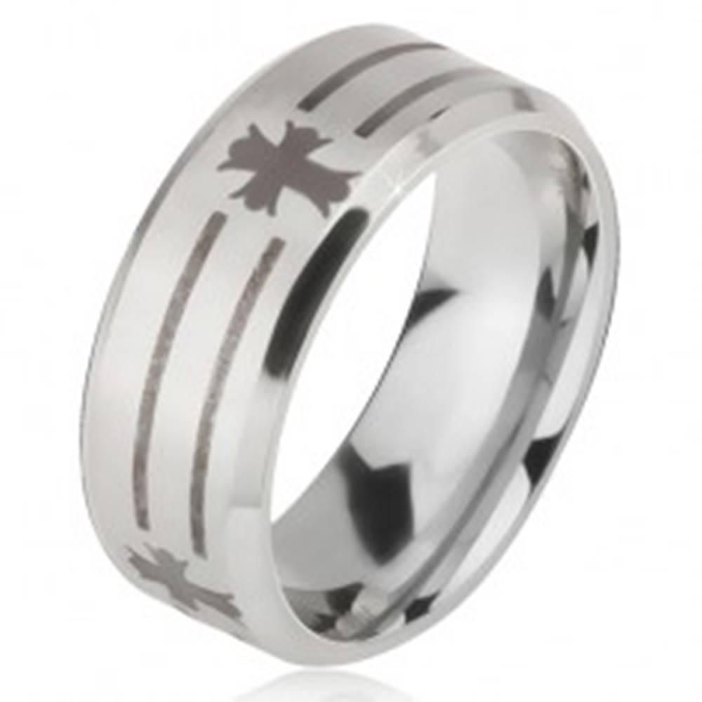 Šperky eshop Matný oceľový prsteň - obrúčka striebornej farby, potlač pásov a kríža - Veľkosť: 52 mm