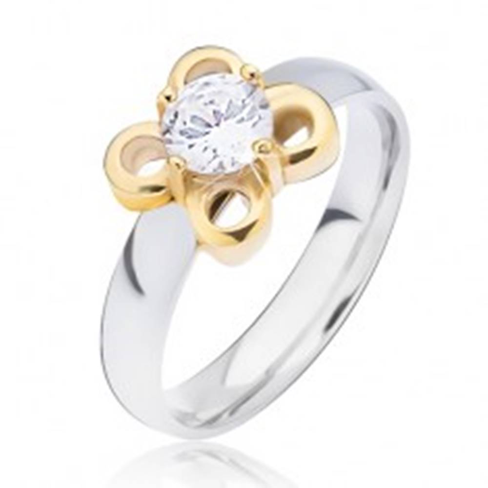 Šperky eshop Oceľový prsteň striebornej farby, kvietok zlatej farby s čírym zirkónom - Veľkosť: 49 mm