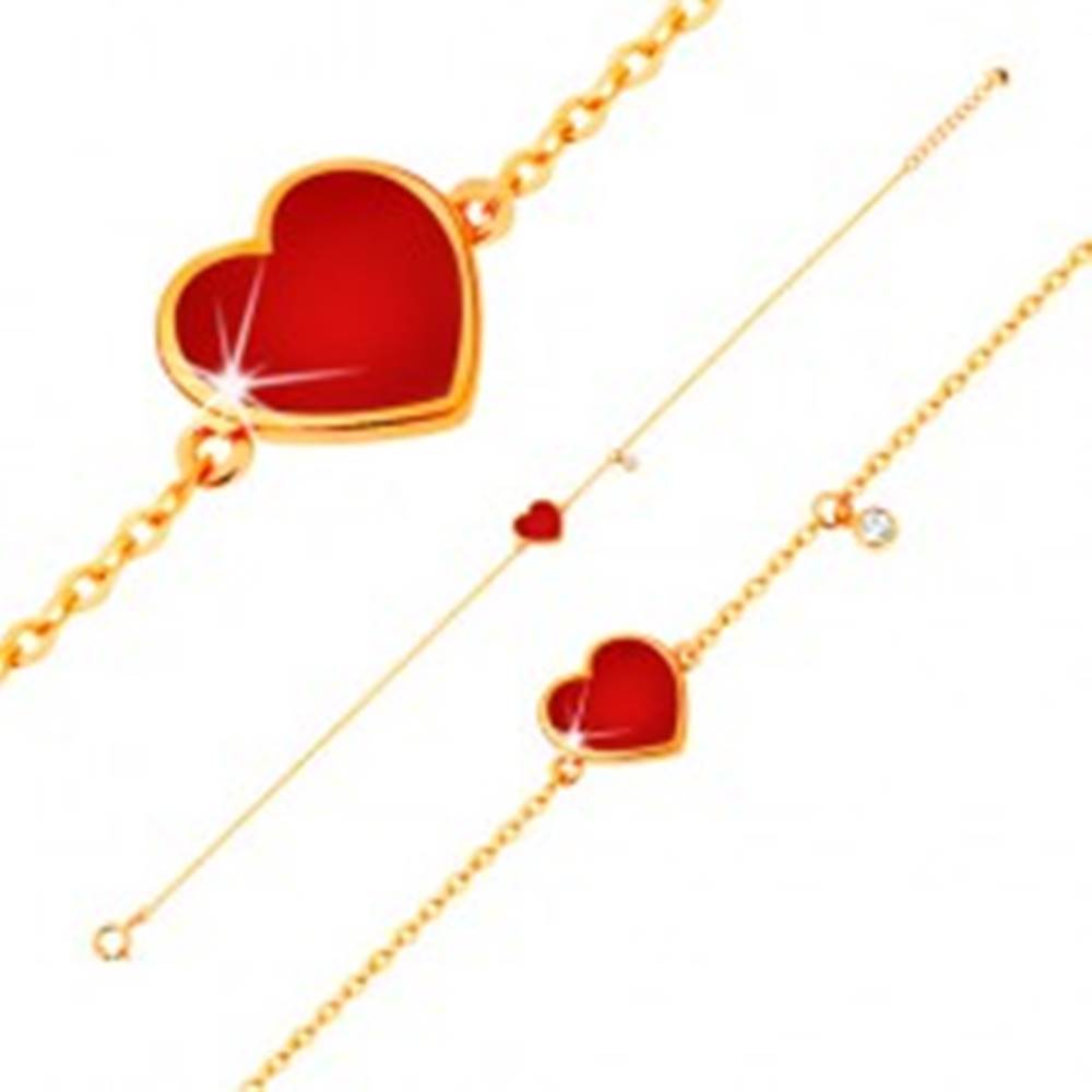 Šperky eshop Zlatý 14K náramok - červené glazúrované srdce a číry zirkónik, tenká retiazka, 180 mm