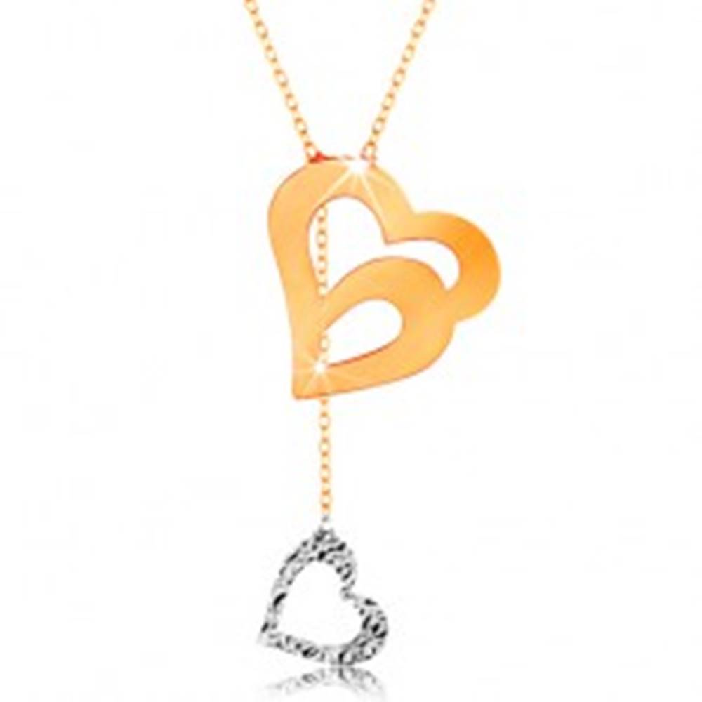 Šperky eshop Zlatý náhrdelník 585 - jemná retiazka, dvojitá kontúra srdca a visiace srdiečko