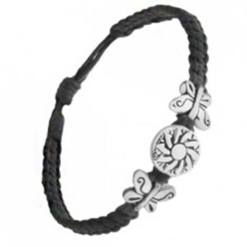 Šperky eshop Čierny pletený náramok zo šnúrok, známka s kvetom, motýle