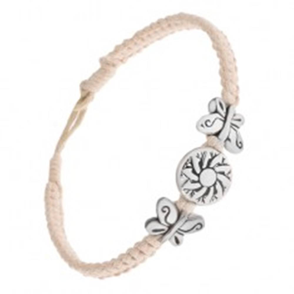 Šperky eshop Krémovobiely šnúrkový náramok, kruhová známka s kvetom, motýle