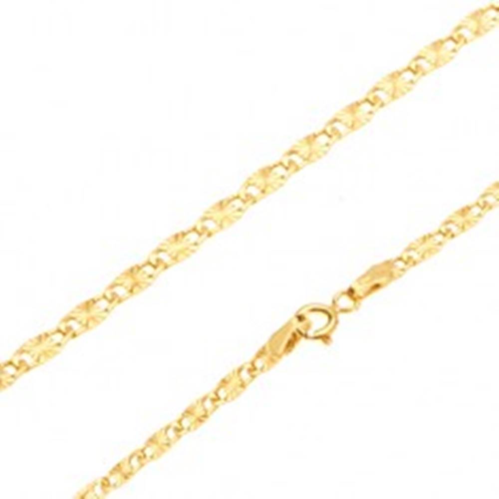 Šperky eshop Retiazka v žltom 14K zlate - ploché podlhovasté články, lúčovité ryhy, 550 mm
