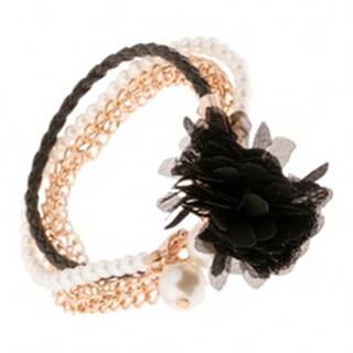 Multináramok - čierny pletenec, retiazky zlatej farby, korálky, čierny kvet
