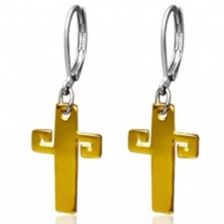 Oceľové náušnice zlatej farby, kríž s gréckym kľúčom