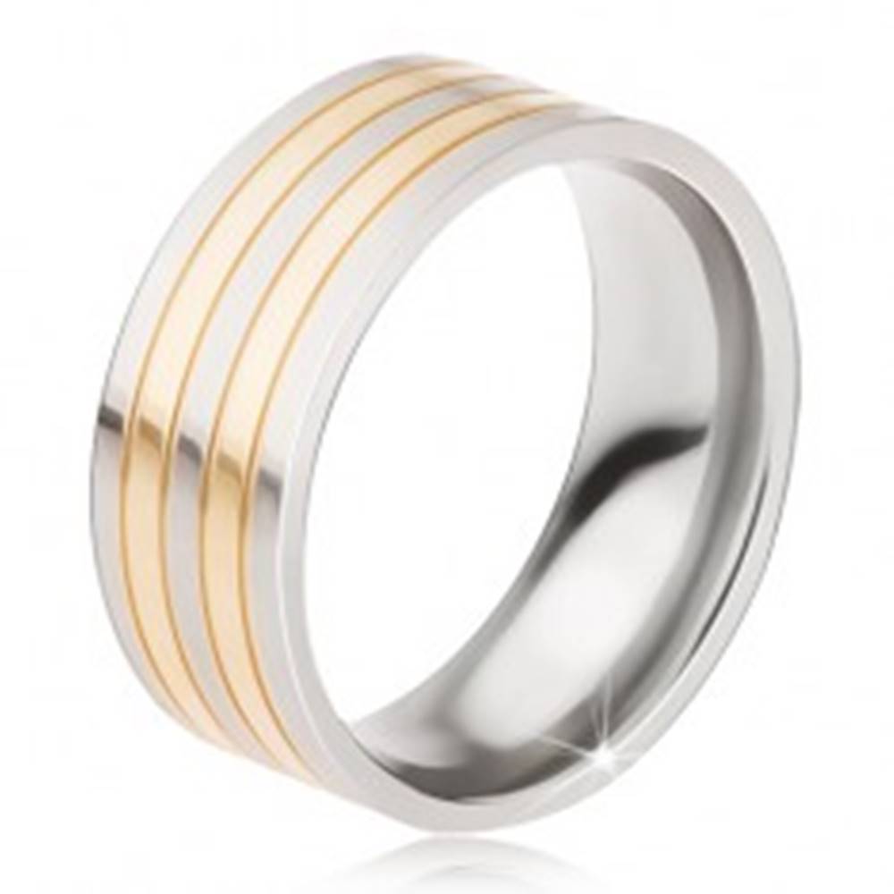 Šperky eshop Titánový prsteň - lesklá obrúčka strieborno-zlatej farby, striedajúce sa pásy - Veľkosť: 57 mm