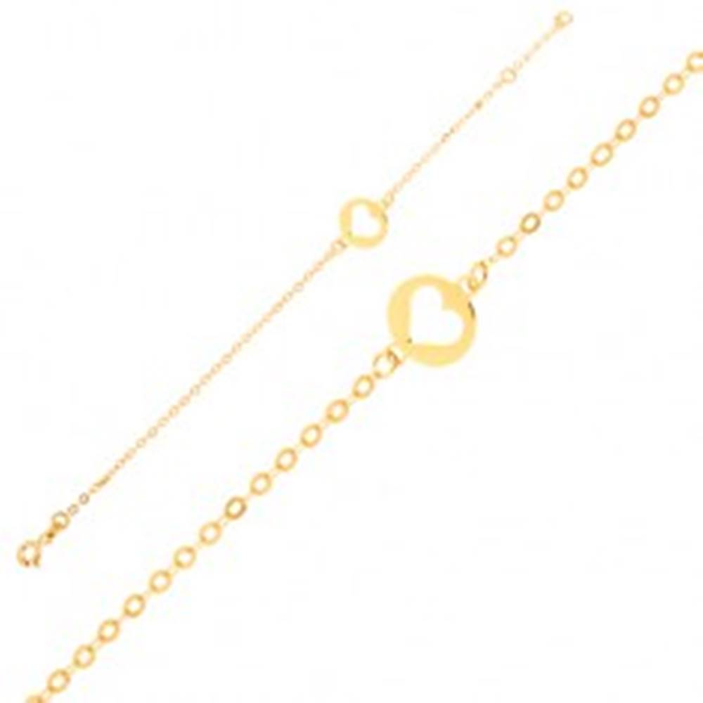 Šperky eshop Zlatý náramok 375 - ligotavá retiazka s okrúhlou známkou s výrezom srdca