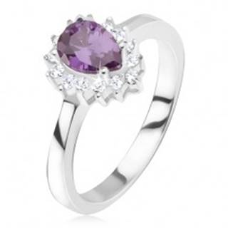 Strieborný prsteň 925 - fialový slzičkový kamienok, zirkónová obruba - Veľkosť: 50 mm