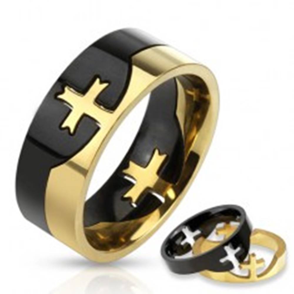 Šperky eshop Dvojdielny prsteň čierno-zlatej farby z chirurgickej ocele, kríž - Veľkosť: 58 mm