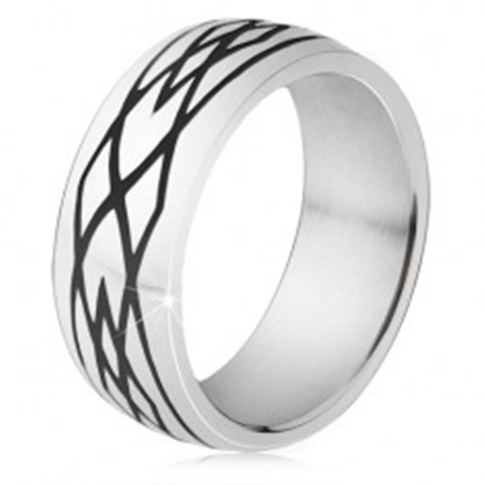 Šperky eshop Oceľový prsteň, čierne zárezy, vzor z elíps a kosoštvorcov - Veľkosť: 54 mm
