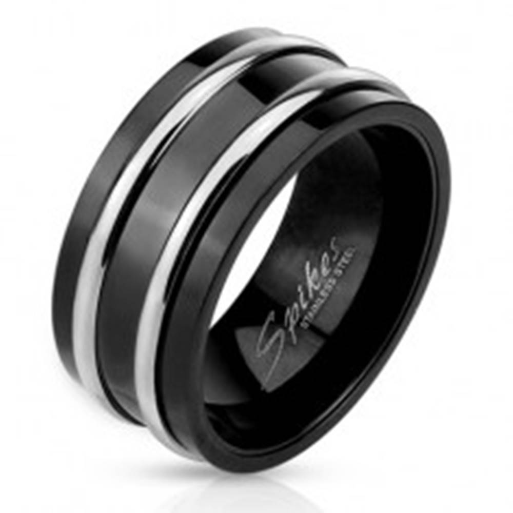 Šperky eshop Oceľový prsteň čiernej farby - dve tenké lesklé obruče striebornej farby - Veľkosť: 60 mm