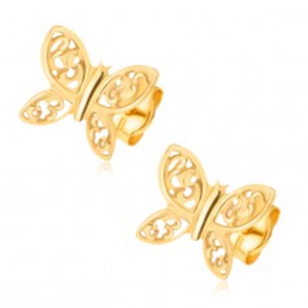 Šperky eshop Náušnice zo žltého 14K zlata - ligotavé motýle, filigránové zdobenie