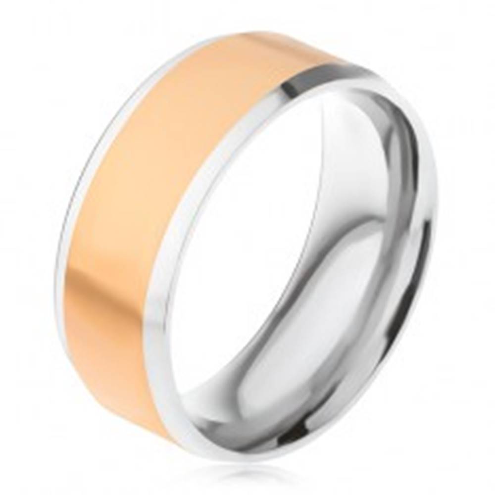 Šperky eshop Oceľový prsteň, stredový pás zlatej farby, šikmé okraje striebornej farby - Veľkosť: 56 mm