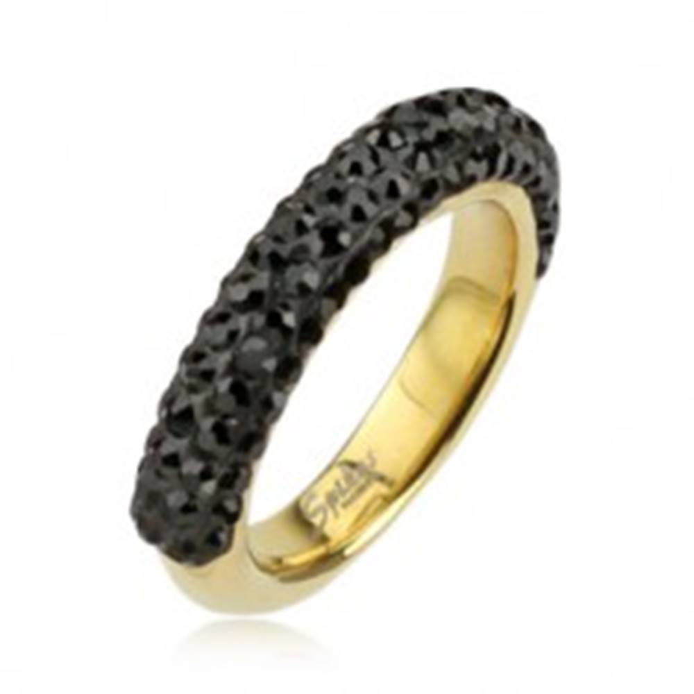 Šperky eshop Oceľový prsteň zlatej farby zdobený čiernymi zirkónmi - Veľkosť: 49 mm