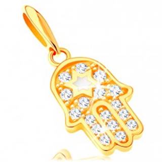 Zlatý prívesok 585 - symbol Hamsa s čírymi zirkónmi a bielou hviezdou