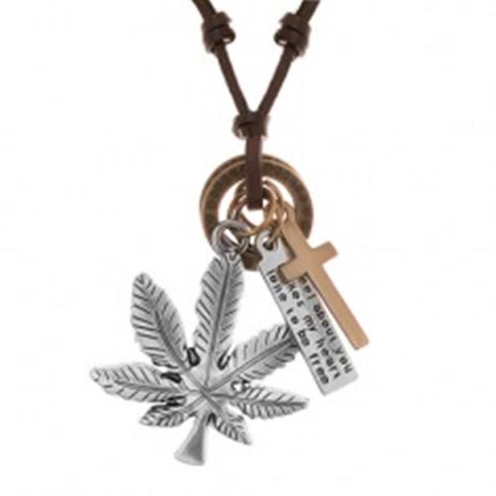 Šperky eshop Náhrdelník - šnúrka z umelej kože s príveskami, list konope, kríž, známka a obruče