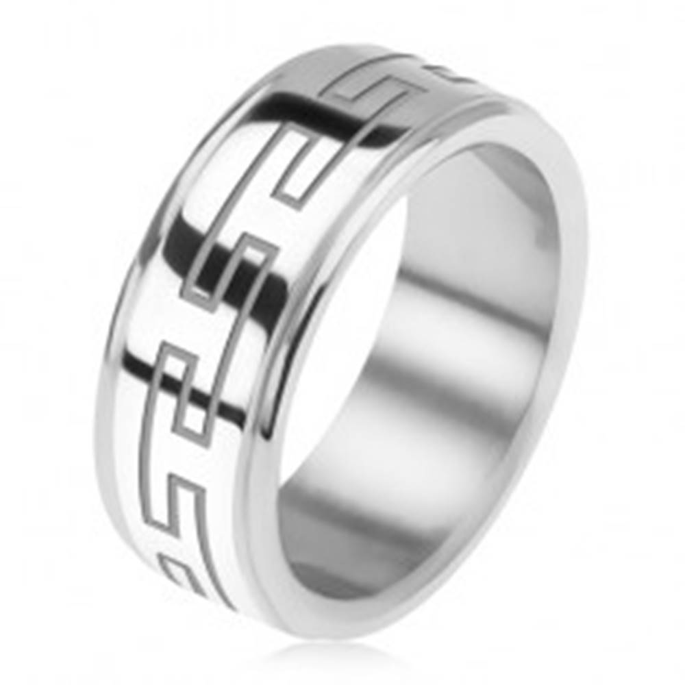 Šperky eshop Oceľový prsteň, zrkadlovo lesklý, znížené okraje, grécky kľúč - Veľkosť: 56 mm