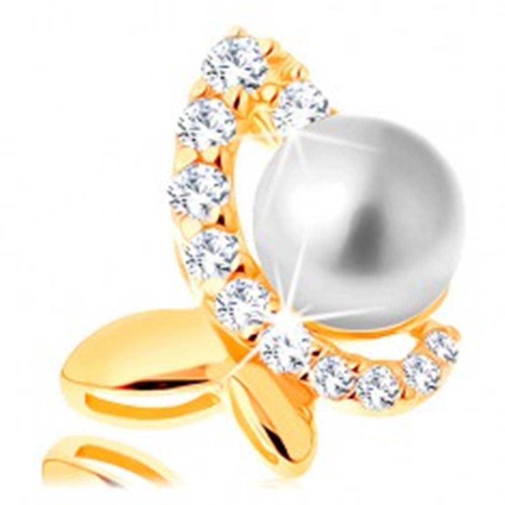 Šperky eshop Prívesok v žltom 14K zlate - nesúmerný motýľ so zirkónovou polovicou a perlou