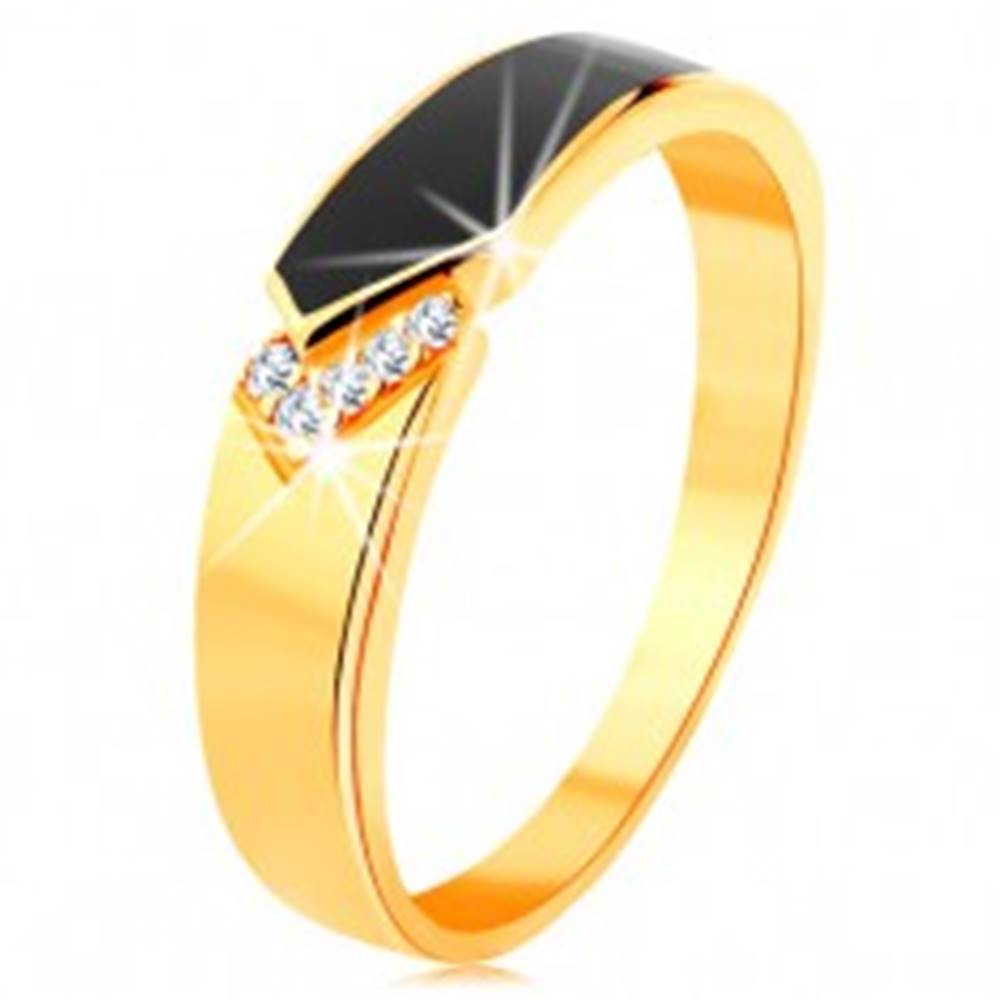 Šperky eshop Prsteň zo žltého 14K zlata - čierny glazúrovaný pás so špicom, číre zirkóniky - Veľkosť: 49 mm