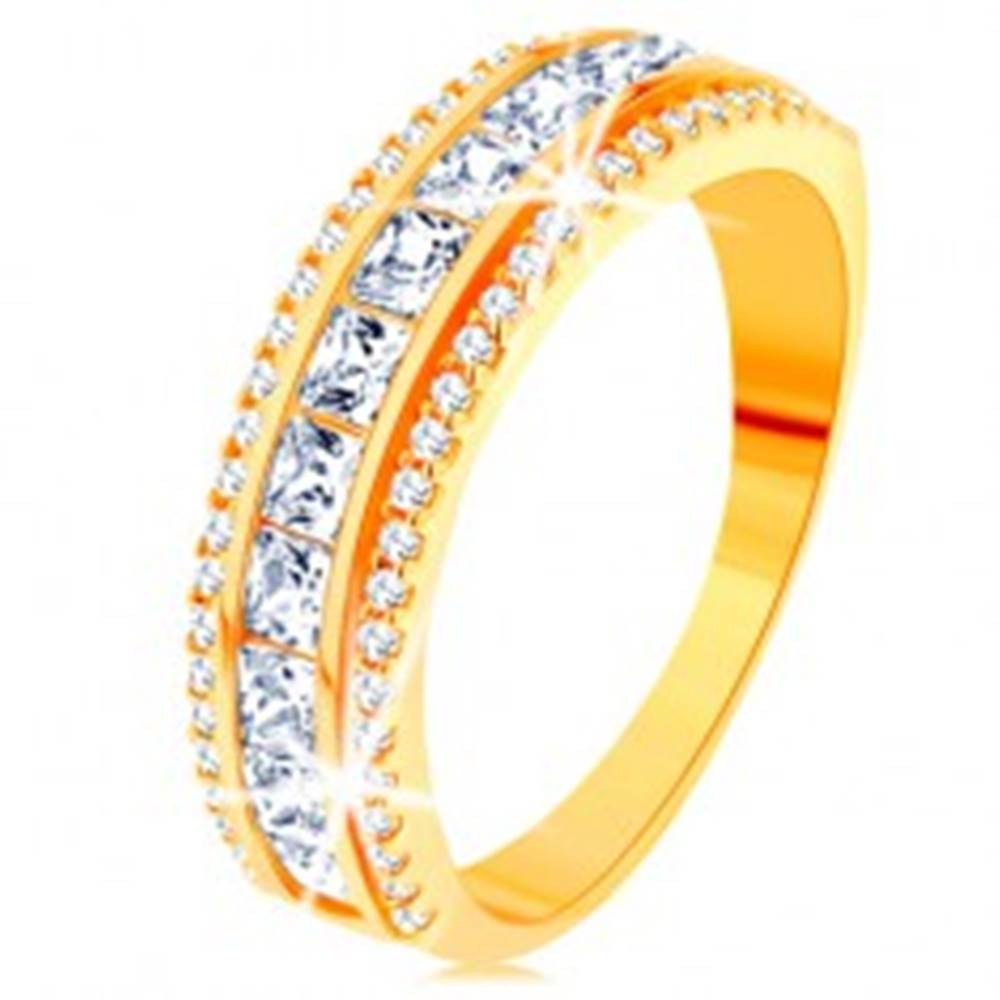 Šperky eshop Prsteň zo žltého 14K zlata - línia čírych zirkónových štvorčekov, trblietavý lem - Veľkosť: 49 mm