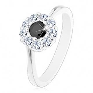Lesklý prsteň v striebornom odtieni, zirkónový kvietok s čiernym stredom - Veľkosť: 51 mm