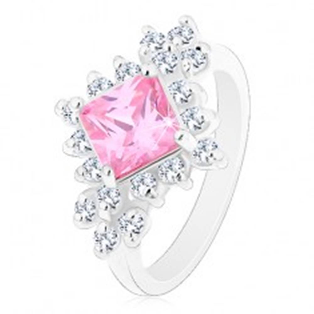 Šperky eshop Ligotavý prsteň, ružový zirkónový štvorec lemovaný okrúhlymi čírymi zirkónmi - Veľkosť: 48 mm