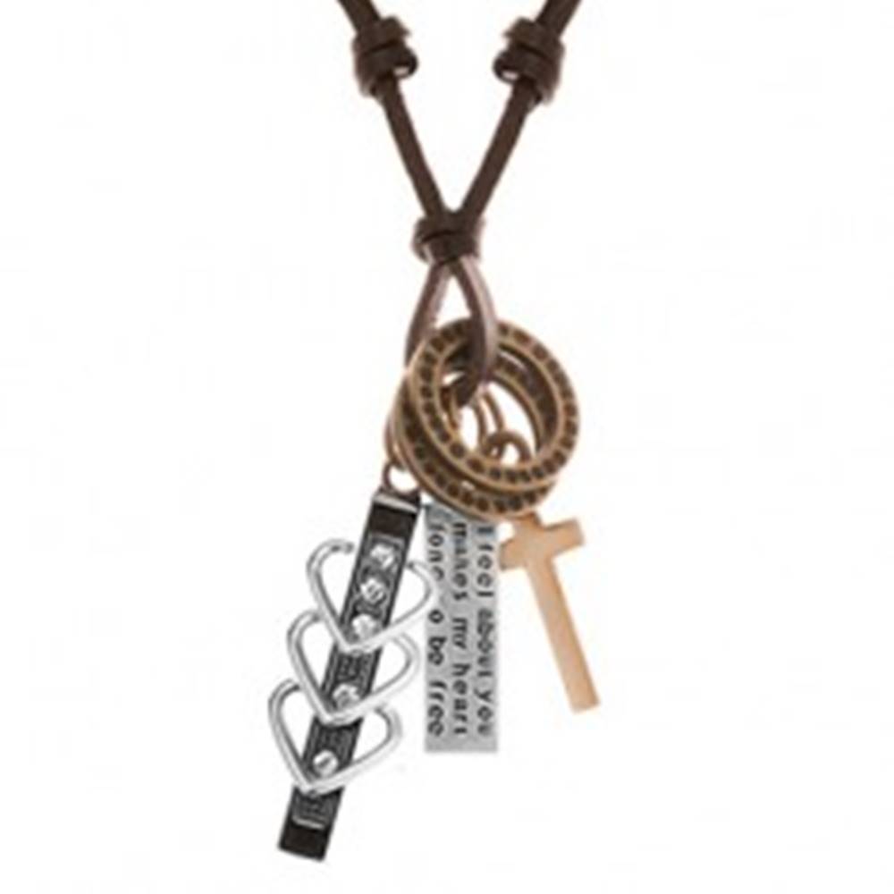 Šperky eshop Náhrdelník s príveskami - čierny pás so srdiečkami a zirkónmi, kríž, známka, obruče