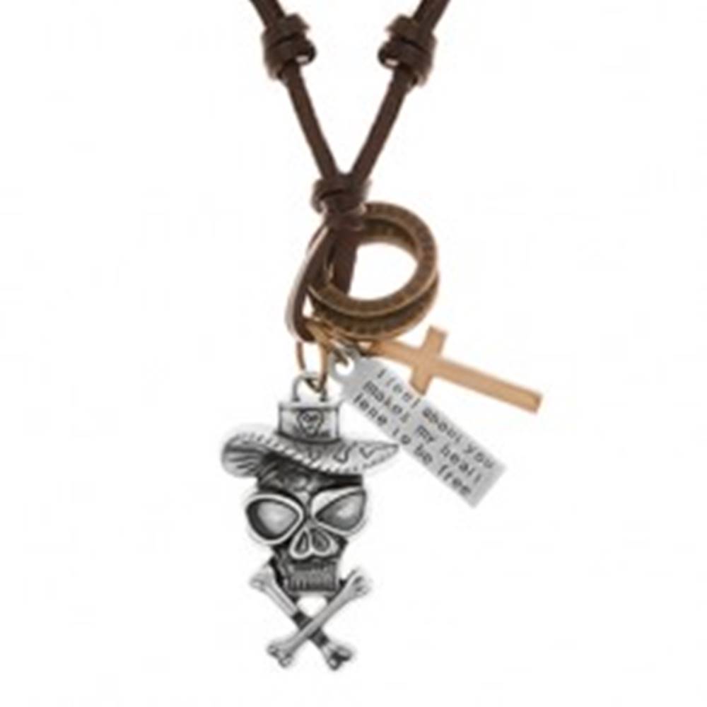 Šperky eshop Náhrdelník - šnúrka z umelej kože, lebka v klobúku, kríž, známka, obruče