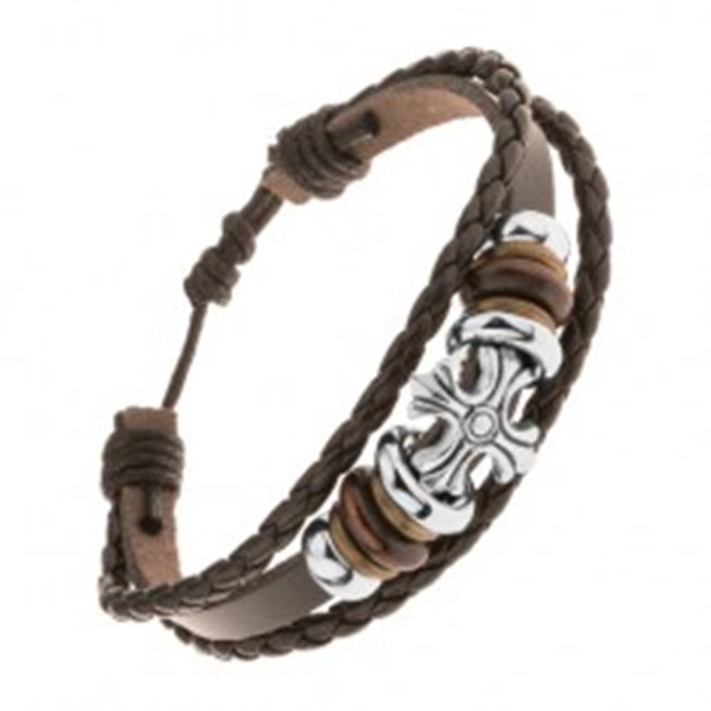 Šperky eshop Náramok z troch pásov umelej kože, oceľové a drevené korálky, ľaliový kríž