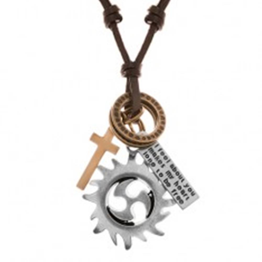 Šperky eshop Nastaviteľný kožený náhrdelník, prívesky - kruh tribal, obruče, kríž a známka