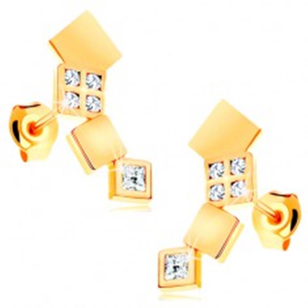 Šperky eshop Náušnice v žltom 14K zlate - ligotavé štvorčeky tvoriace oblúk, puzetky