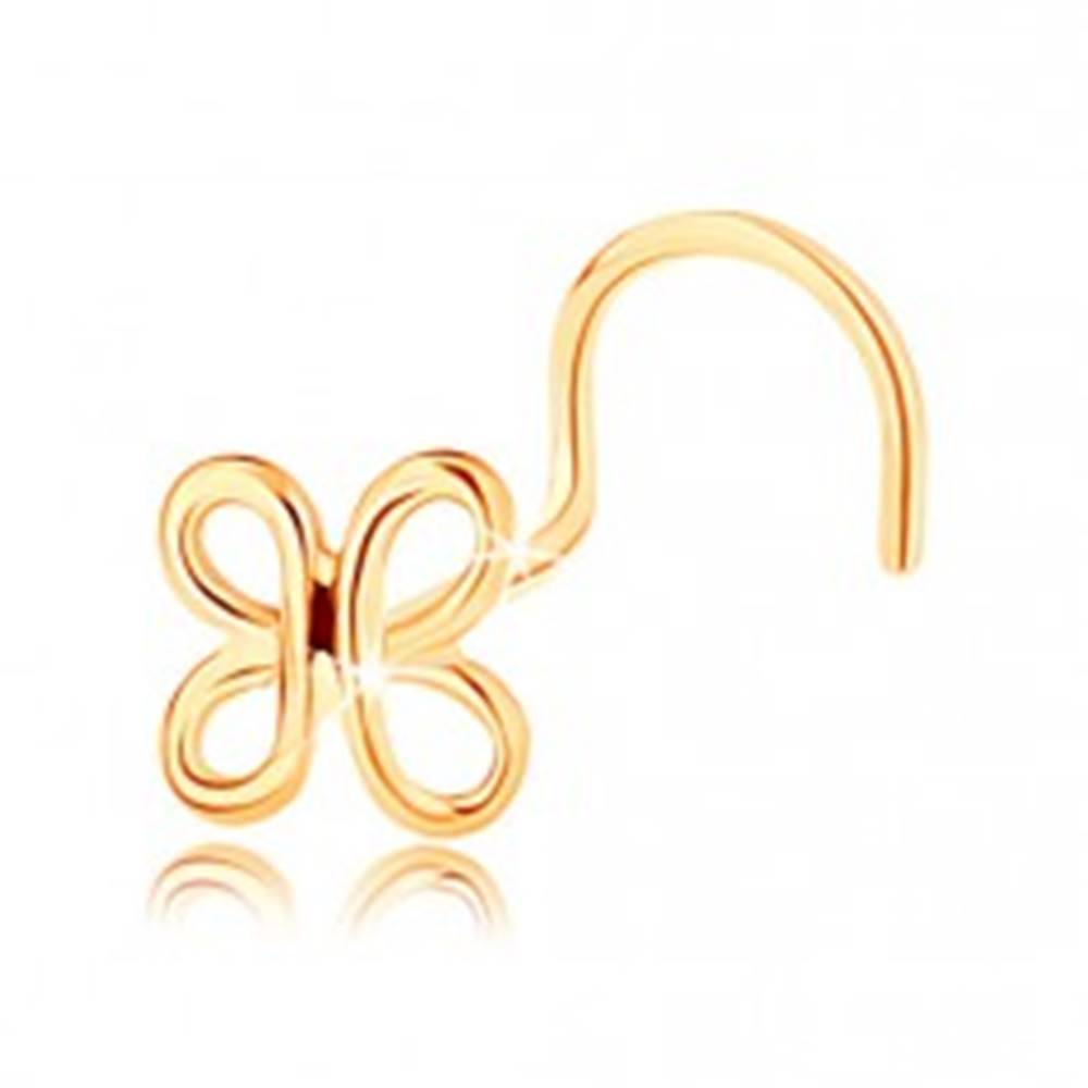 Šperky eshop Zahnutý zlatý piercing do nosa 585 - lesklá kontúra motýlika