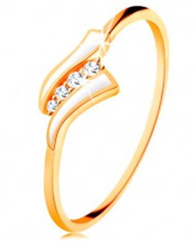 Zlatý prsteň 585 - dve biele vlnky, línia čírych zirkónov, lesklé ramená - Veľkosť: 49 mm