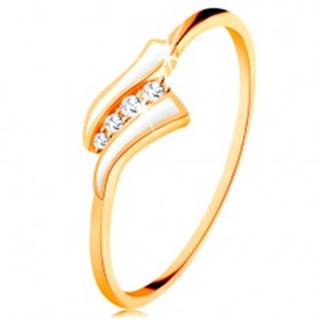 Zlatý prsteň 585 - dve biele vlnky, línia čírych zirkónov, lesklé ramená - Veľkosť: 49 mm