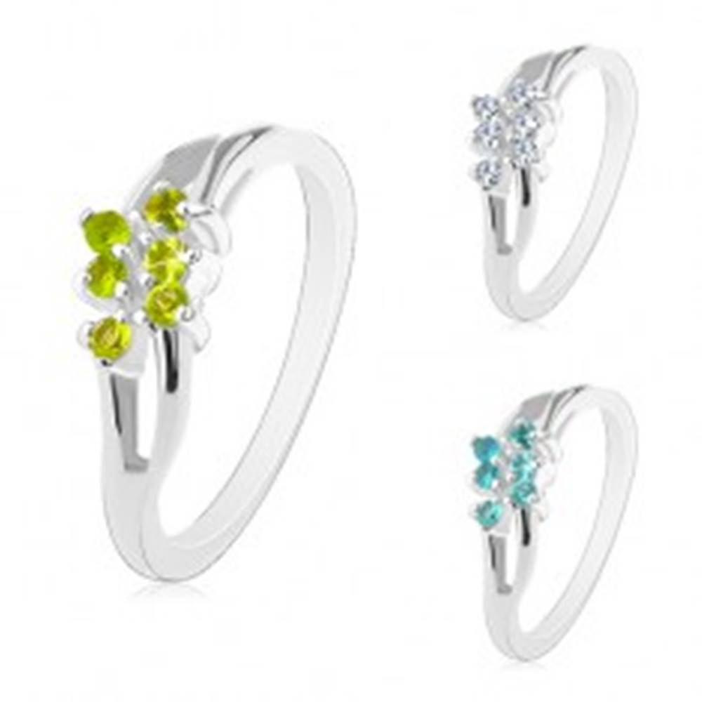 Šperky eshop Ligotavý prsteň s rozdelenými zvlnenými ramenami, okrúhle zirkóniky - Veľkosť: 50 mm, Farba: Číra
