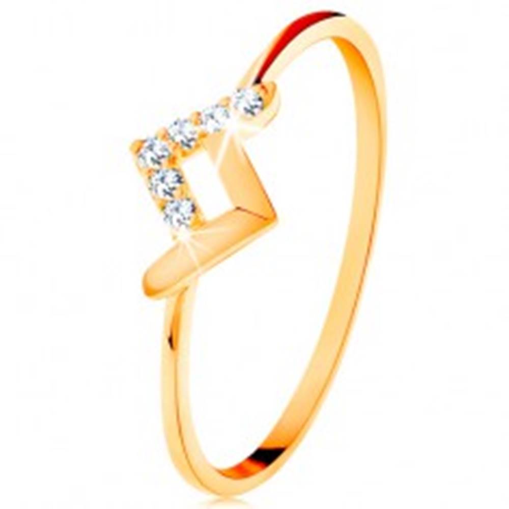 Šperky eshop Ligotavý prsteň v žltom 14K zlate - lesklý a zirkónový zalomený pásik - Veľkosť: 49 mm