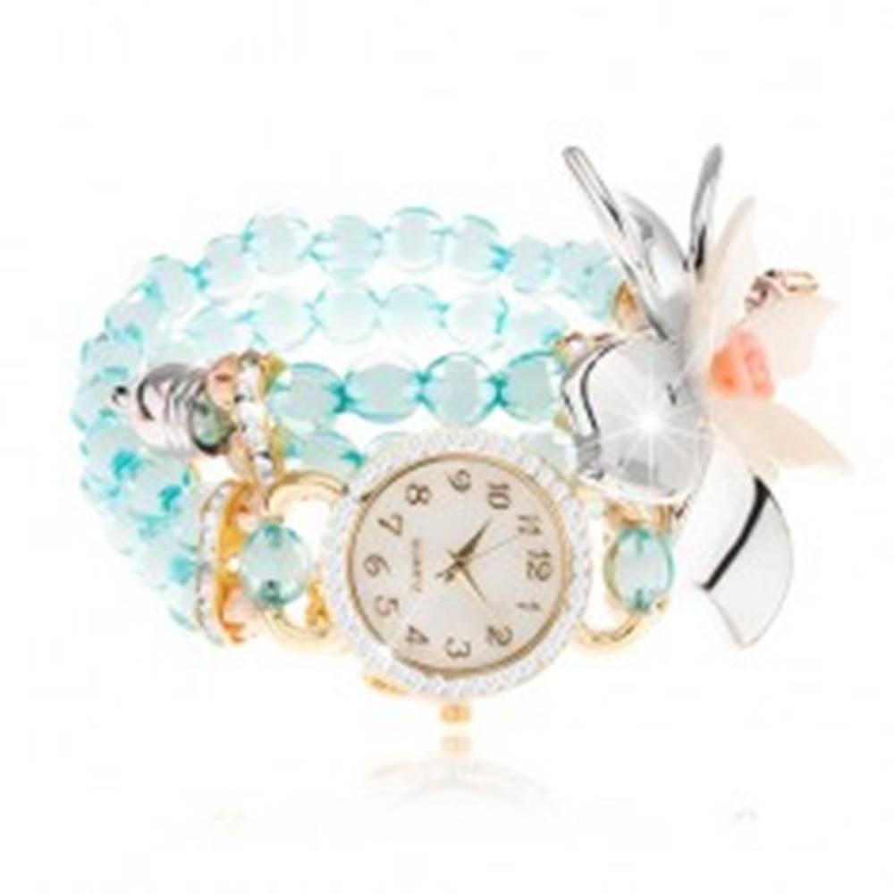 Šperky eshop Náramkové hodinky z priehľadných modrých korálok, ciferník so zirkónmi, veľký kvet