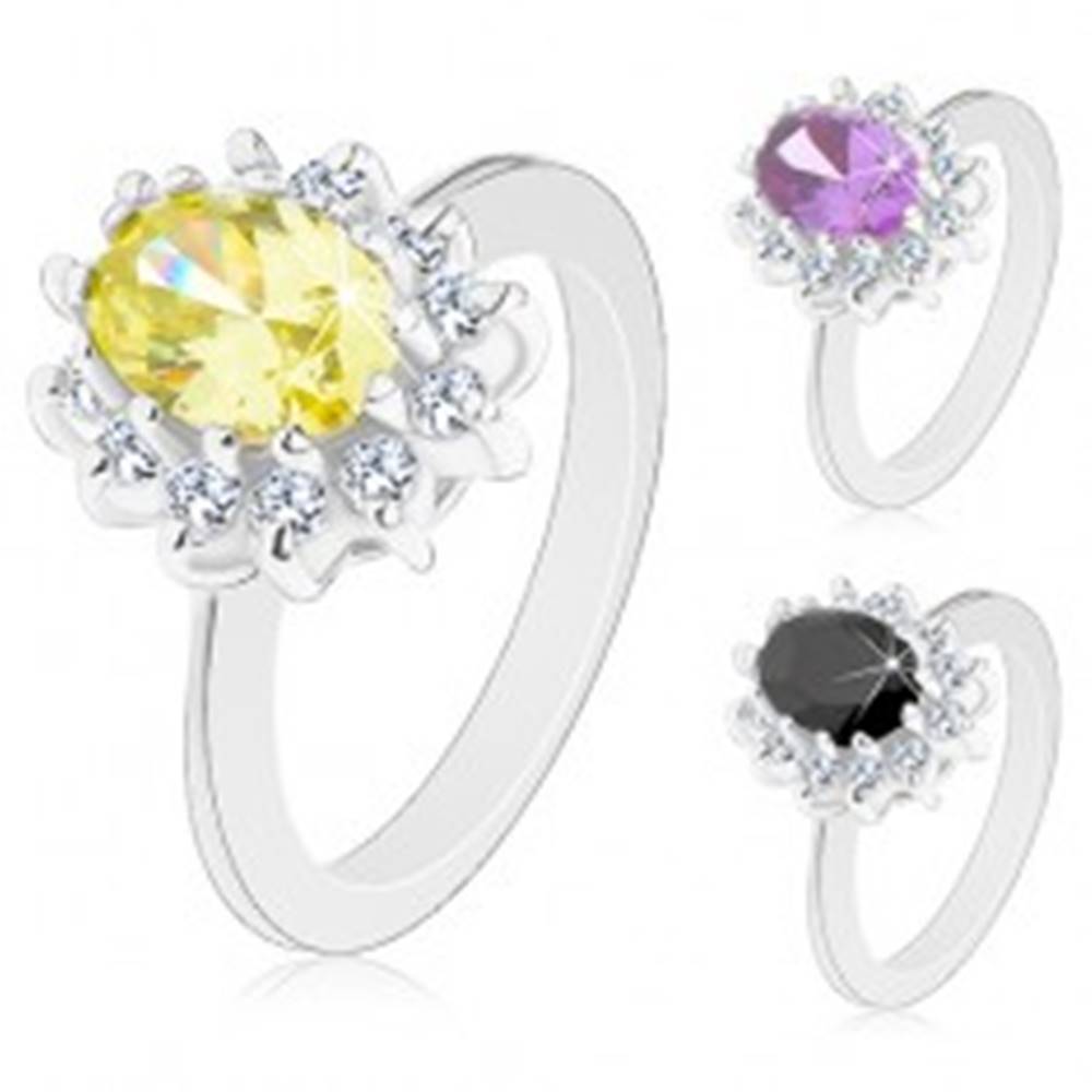 Šperky eshop Prsteň striebornej farby, žiarivý kvietok s farebným oválnym stredom - Veľkosť: 50 mm, Farba: Žltá