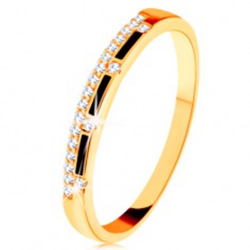 Šperky eshop Prsteň zo žltého 14K zlata - pásy čiernej glazúry, číra zirkónová línia - Veľkosť: 50 mm
