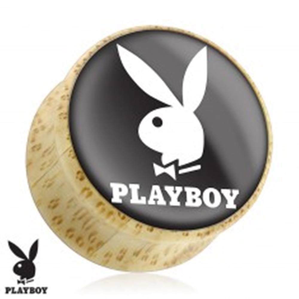 Šperky eshop Sedlový plug do ucha z prírodného dreva, zajačik Playboy, čierny podklad - Hrúbka: 10 mm