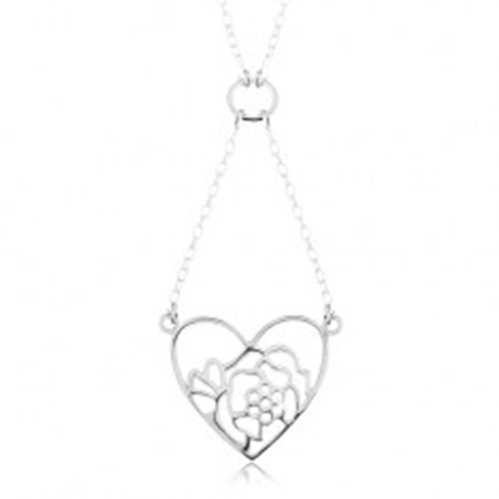 Šperky eshop Strieborný náhrdelník 925, retiazka a prívesok - obrys srdca a kvetu