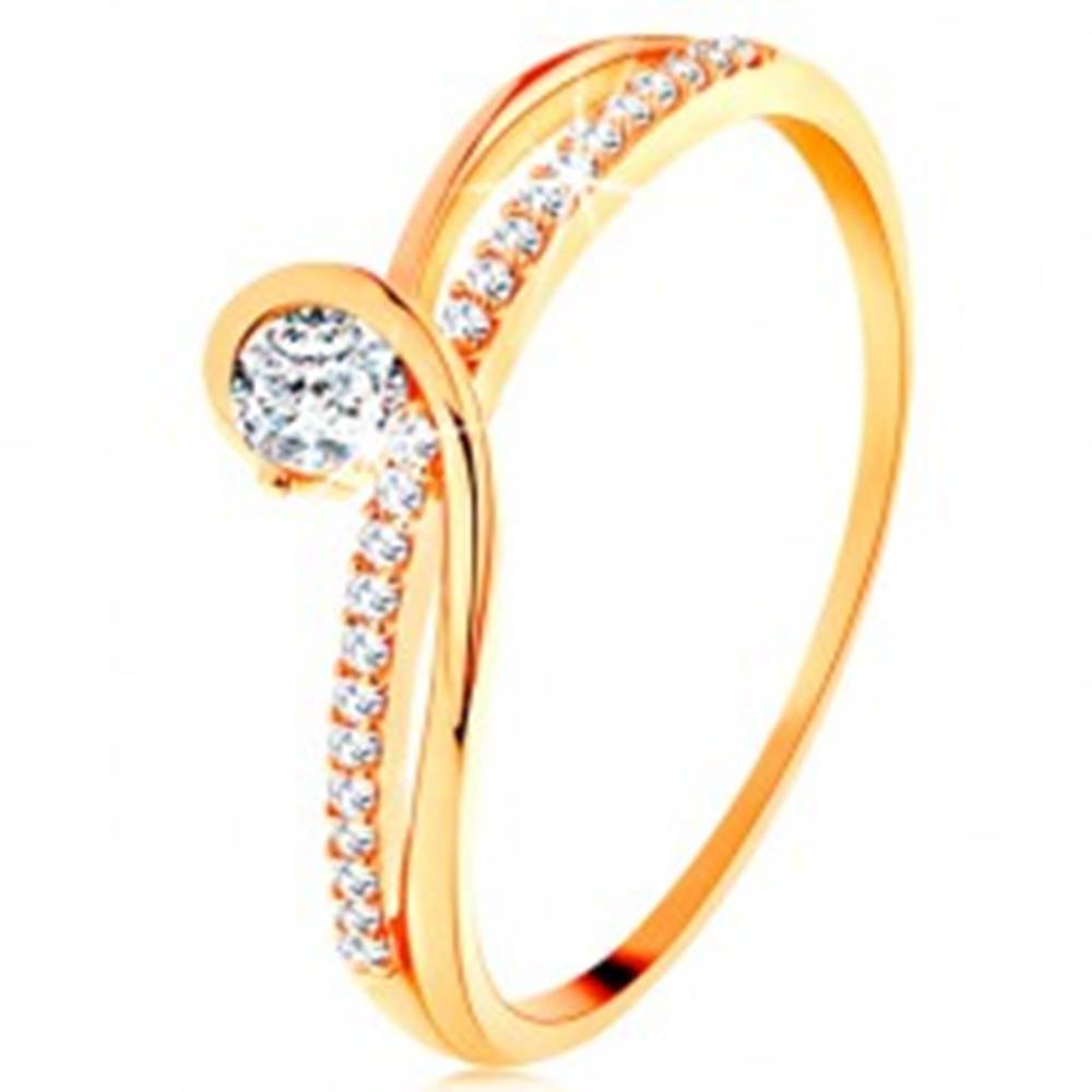 Šperky eshop Zlatý prsteň 585 s rozdelenými prepletenými ramenami, číry zirkón - Veľkosť: 49 mm