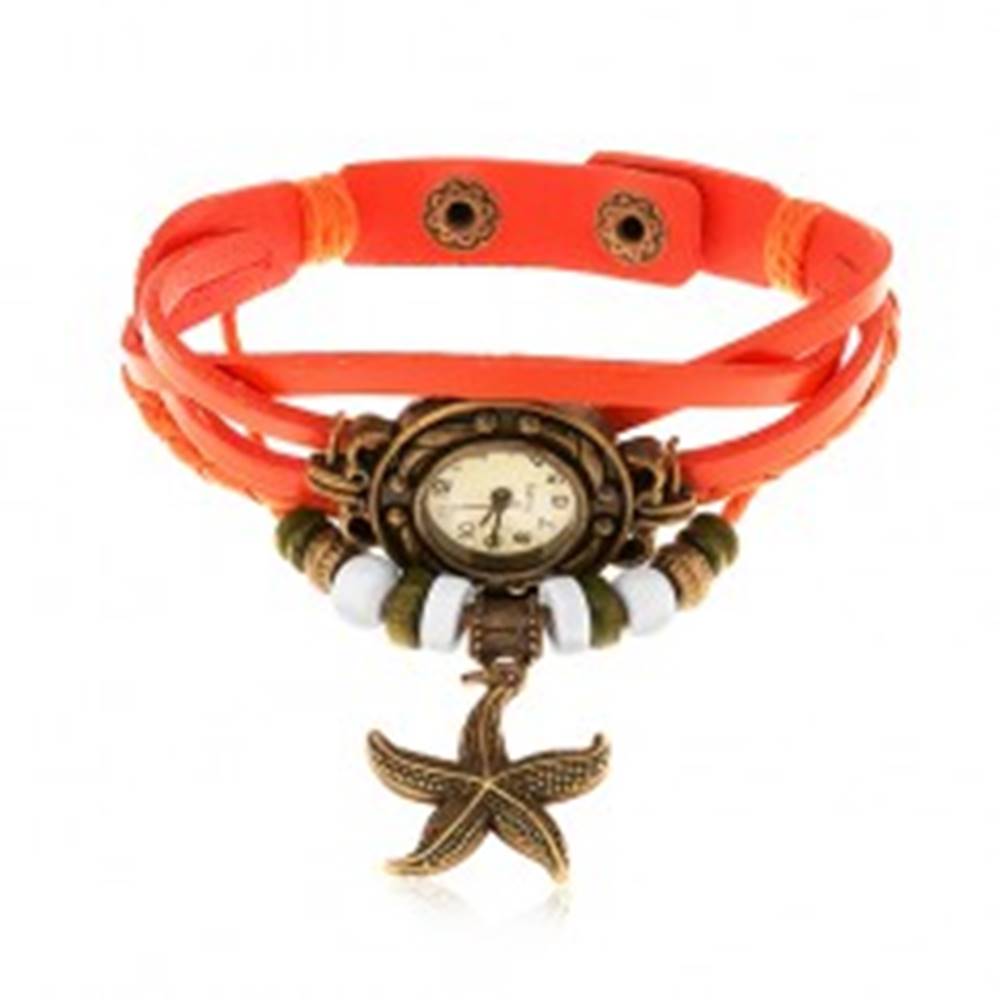 Šperky eshop Analógové hodinky, ozdobne vyrezávané, pletený remienok oranžovej farby