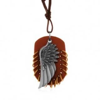 Náhrdelník z umelej kože, prívesky - hnedý ovál s krúžkami a anjelské krídlo