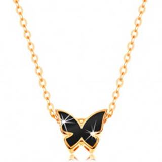 Zlatý 14K náhrdelník - lesklá retiazka, motýľ zdobený glazúrou čiernej farby