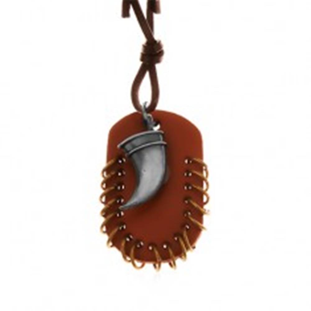 Šperky eshop Kožený náhrdelník, prívesky - hnedý ovál s malými krúžkami a zahnutý tesák