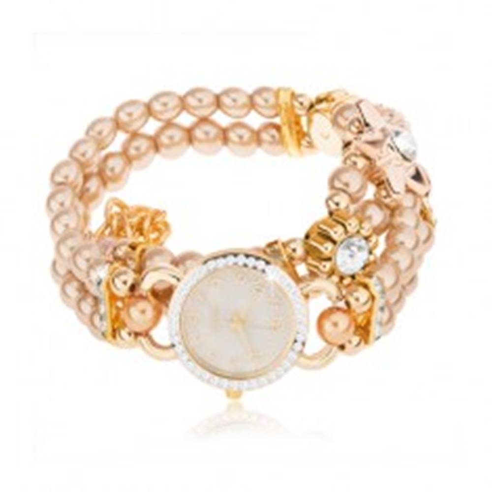 Šperky eshop Náramkové hodinky, ciferník so zirkónmi, náramok z korálok zlatej farby, kvety