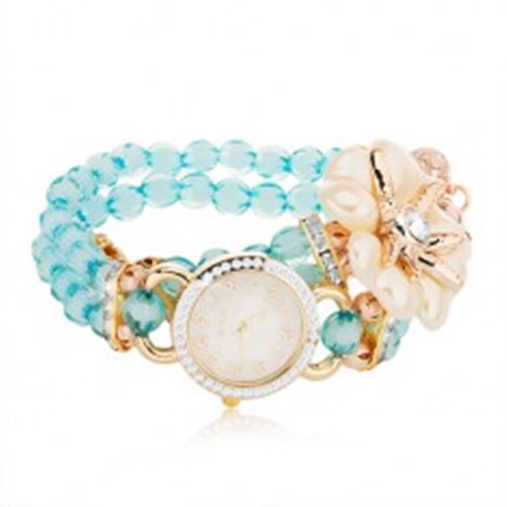 Šperky eshop Náramkové hodinky z modrých korálok, ciferník so zirkónmi, biely kvet
